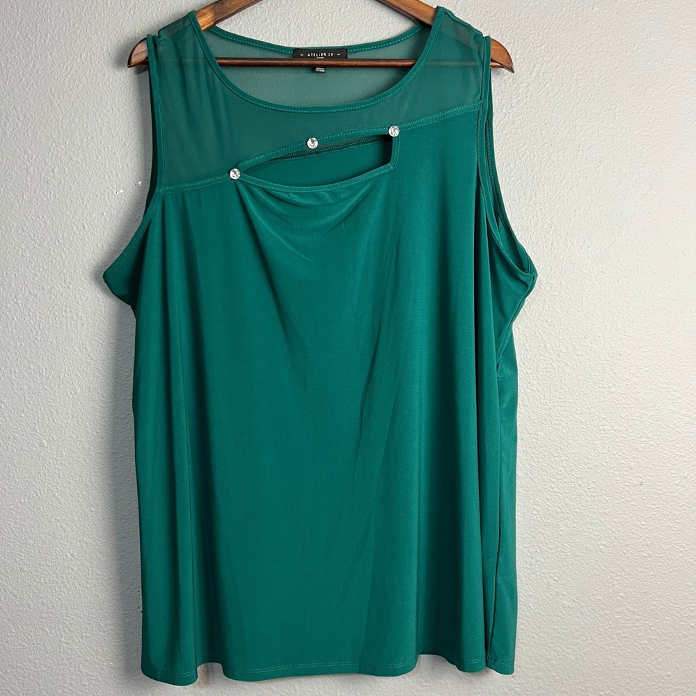 Atelier 29 Kelly Green Sleeveless Cutout Tank Top Sheer Rhinestone Detail 3X